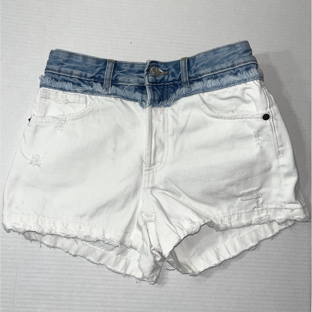 Zara Jean Shorts Women's 4 Ombré Colorblock Denim Buttonfly Raw Hem Festival